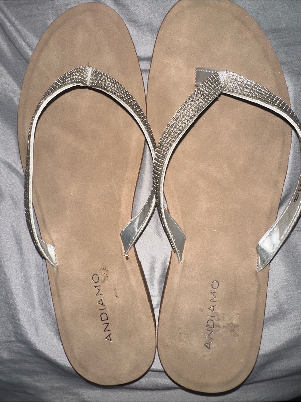 Andiamo Sandals 10W Women’s Silver Embellished Flip Flop Sandals